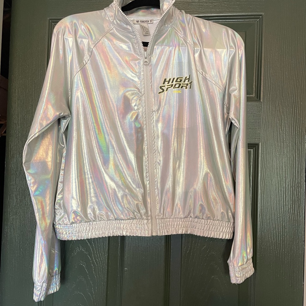 Forever 21 Holographic Silver Jacket Women Size Small S with Black Yellow Detail